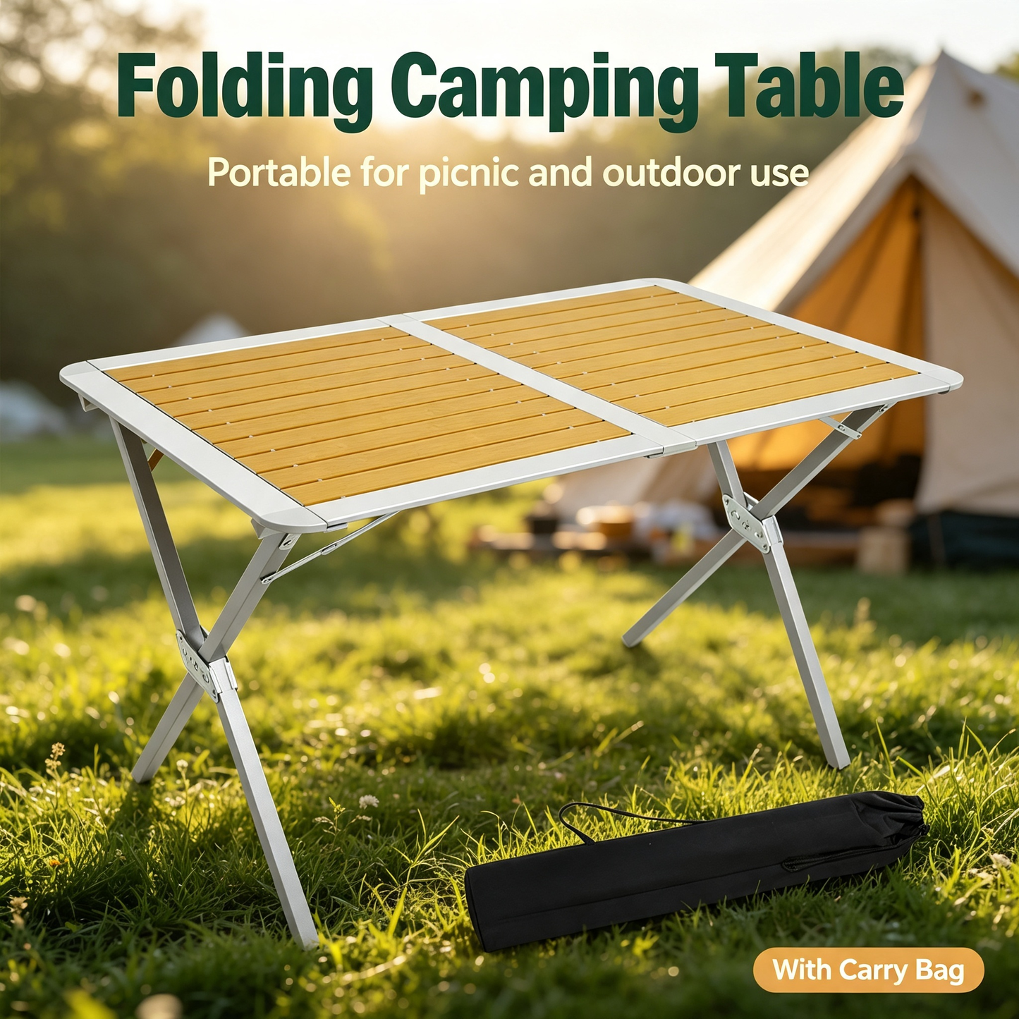 Folding Camping Table with Slatted Tabletop for Outdoor Picnic