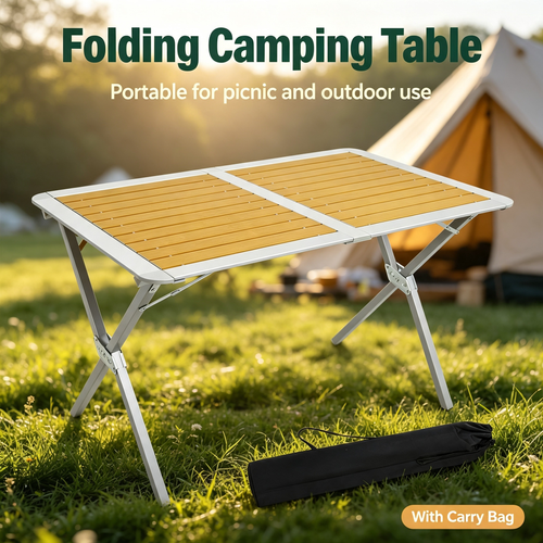 Folding Camping Table with Slatted Tabletop for Outdoor Picnic
