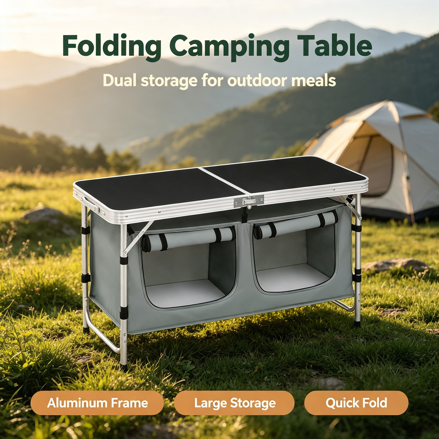 Folding Camping Kitchen Table with Detachable Double Storage Cabinet