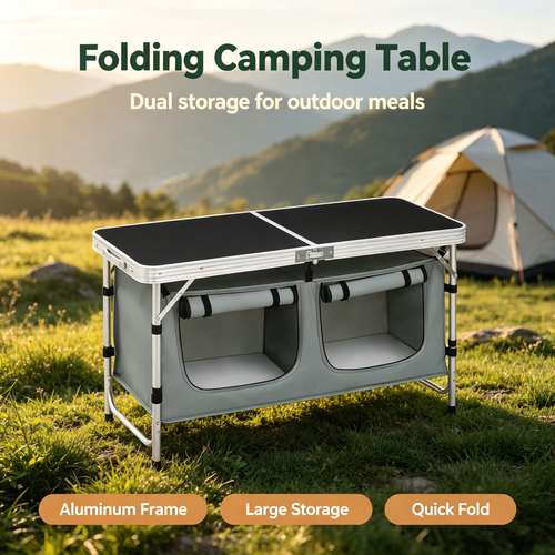 Folding Camping Kitchen Table with Detachable Double Storage Cabinet