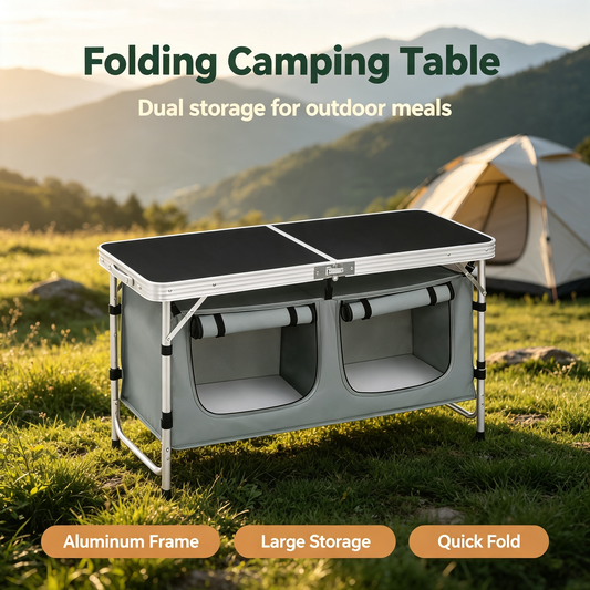 Folding Camping Kitchen Table with Detachable Double Storage Cabinet