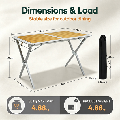Folding Camping Table with Slatted Tabletop for Outdoor Picnic