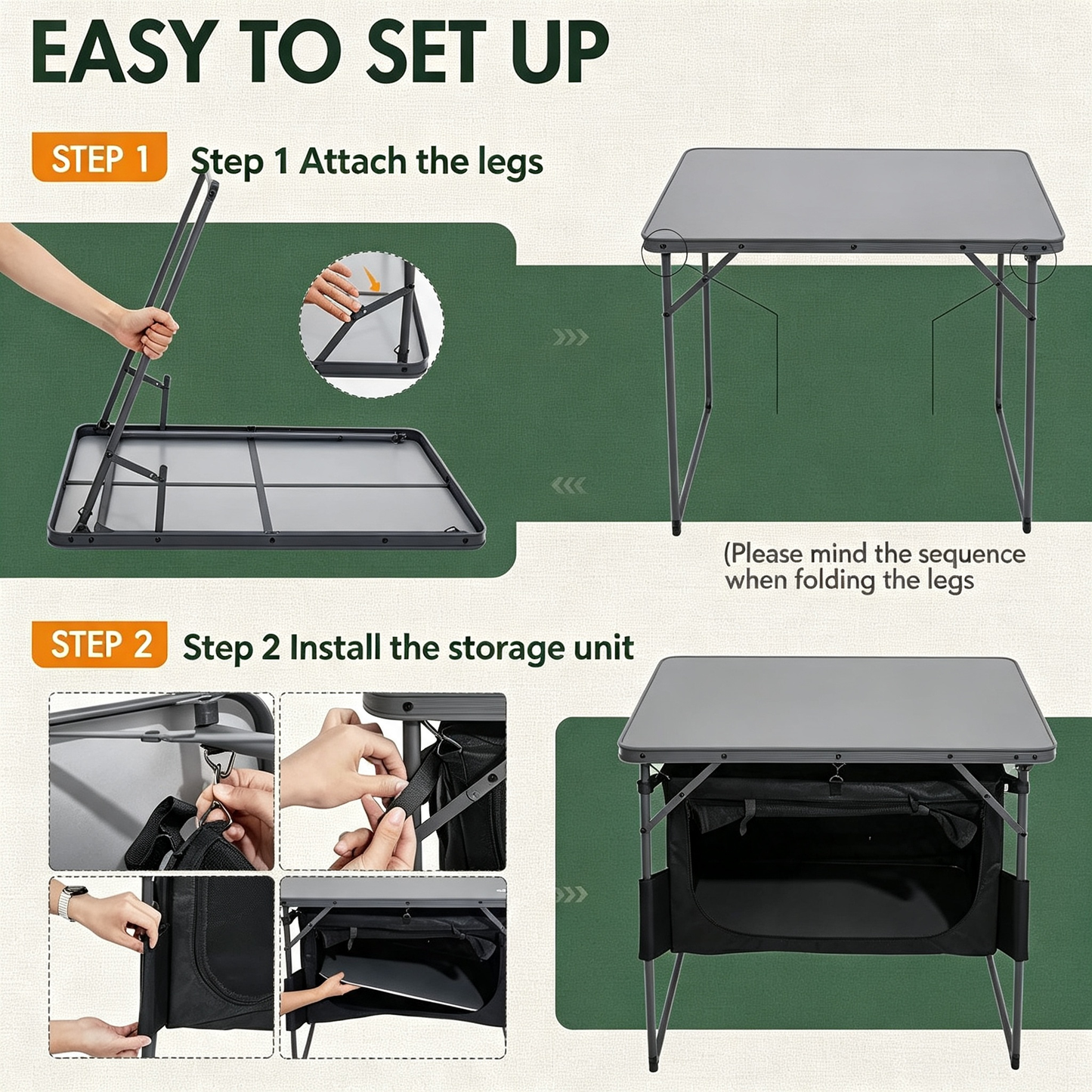 Folding Camping Table with Large Under‑Table Storage Organizer