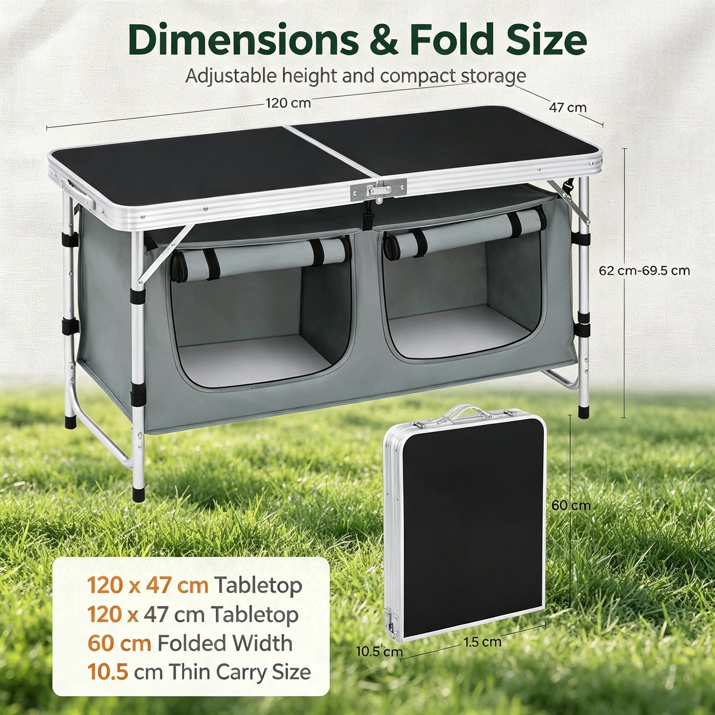 Folding Camping Kitchen Table with Detachable Double Storage Cabinet