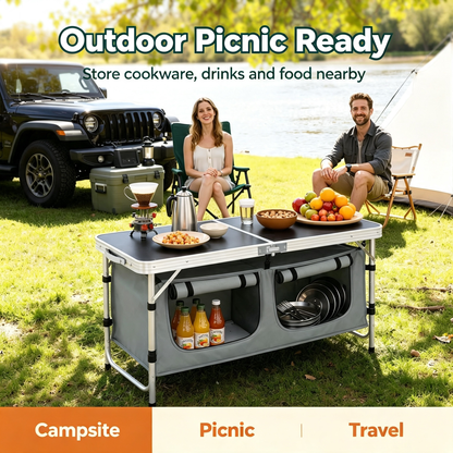 Folding Camping Kitchen Table with Detachable Double Storage Cabinet