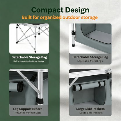 Folding Camping Kitchen Table with Detachable Double Storage Cabinet