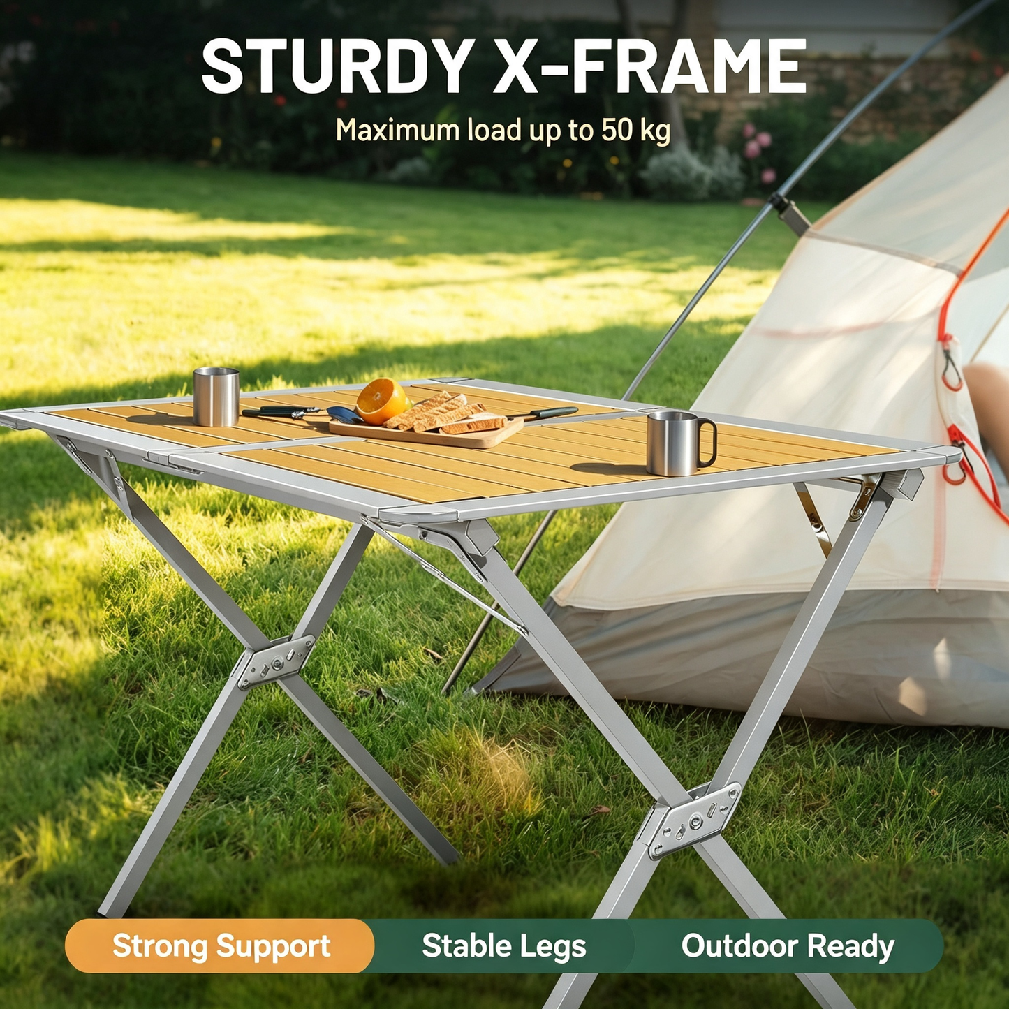 Folding Camping Table with Slatted Tabletop for Outdoor Picnic