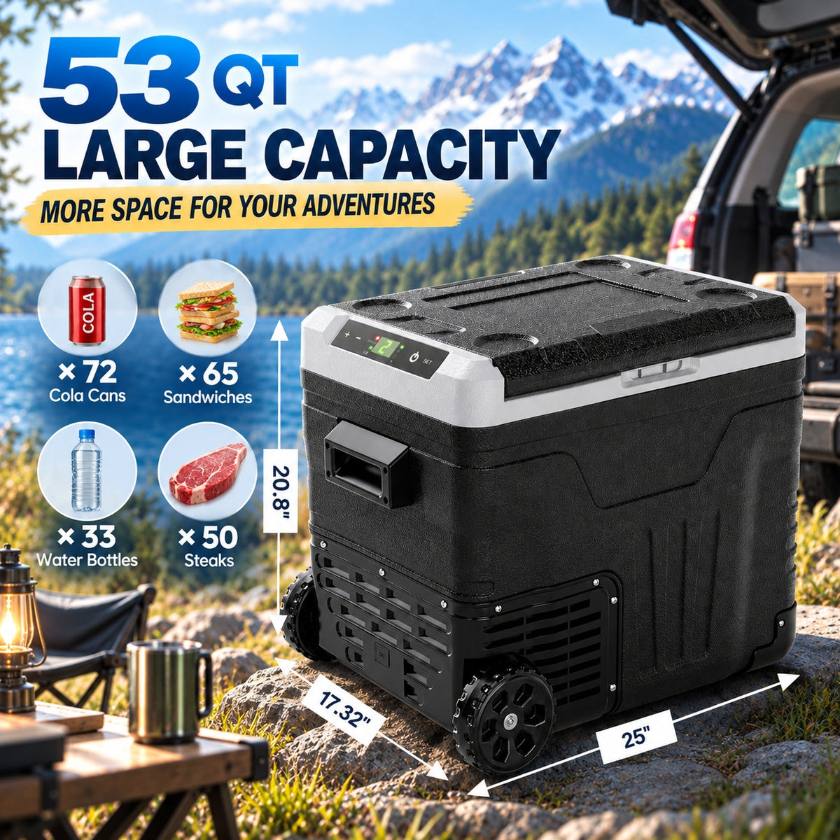 53QT 12V Portable Car Refrigerator – Dual Zone Fridge & Freezer