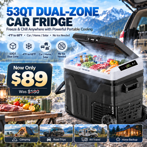 53QT 12V Portable Car Refrigerator – Dual Zone Fridge & Freezer